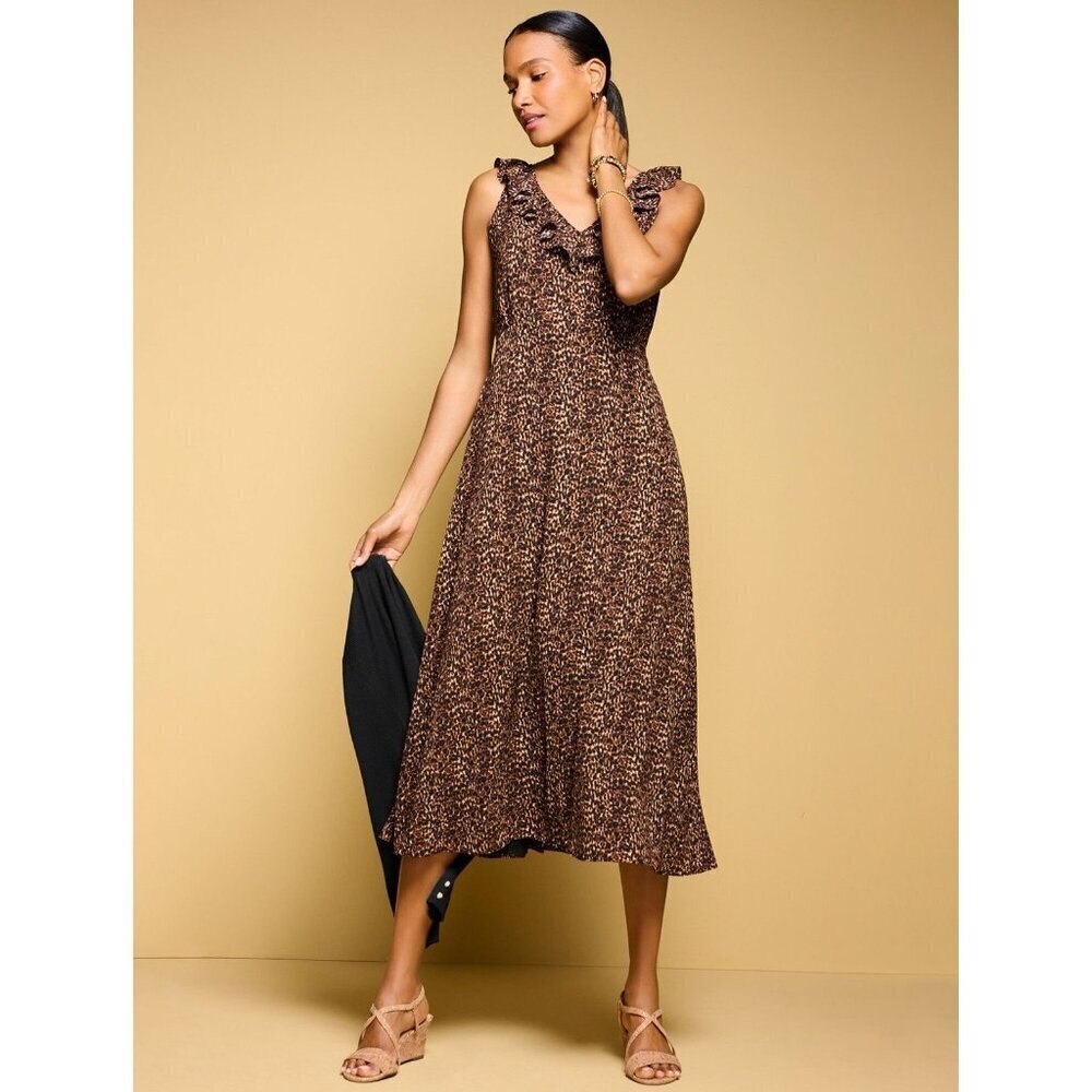 Talbots Womens Dress Sz 14 Fit & Flare Ruffle Midi Leopard Animal Print Crepe